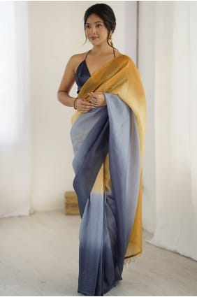 Sari en soie unie jaune-gris SR29869
