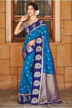 Sari bleu en soie tissé SR29490