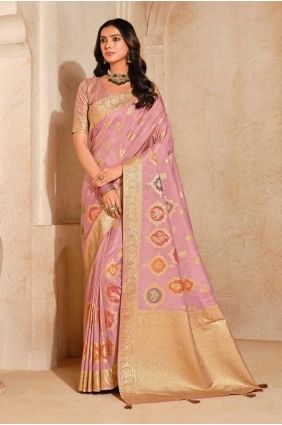 sari en soie avec tissage rose SR28392