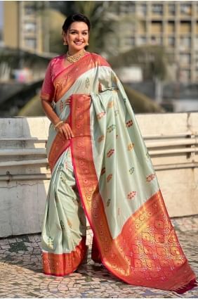 sari en soie avec tissage vert d'eau SR28396