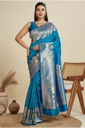 Sari en soie bleu sarcelle tissé SR29148
