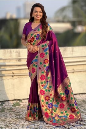 Sari couleur vin avec soie tissée SR29516