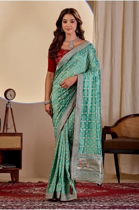 Sari en soie imprimée vert d'eau SR30170