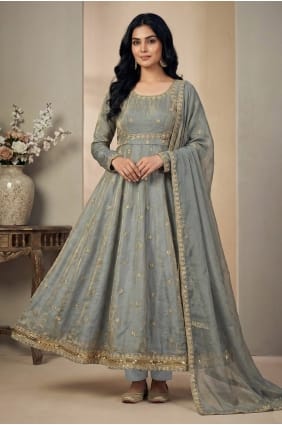 Salwar Kameez gris en soie avec sequins AS4252