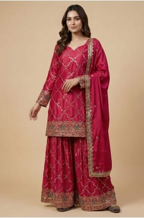 Ensemble Patiala rose en soie à sequins PZ4254
