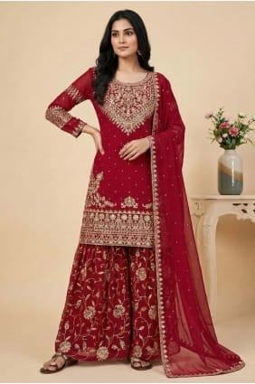 Ensemble Sharara rouge en soie à sequins SS1338
