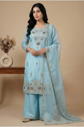 Ensemble palazzo bleu ciel en soie et sequins PZ4337
