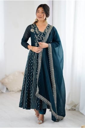 Anarkali en soie à paillettes turquoise AS4220