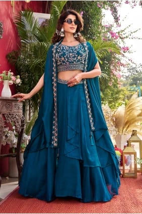 Lehenga choli en soie à sequins bleu sarcelle avec dupatta LC9002