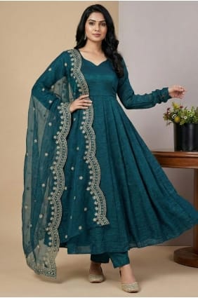Salwar Kameez en soie à paillettes bleu sarcelle avec dupatta AS4209