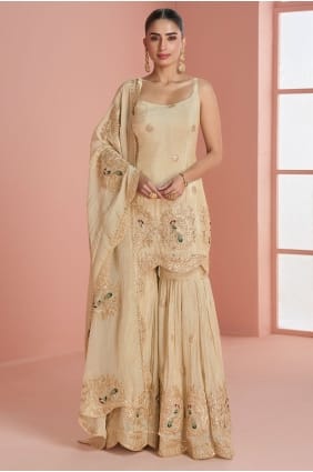 Ensemble Sharara en soie brodée beige SS1371