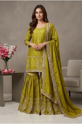 Ensemble sharara vert Mehendi en soie brodée SS1378