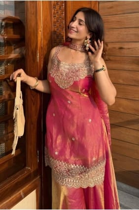 Ensemble Sharara rose pêche brodé en soie SS1369
