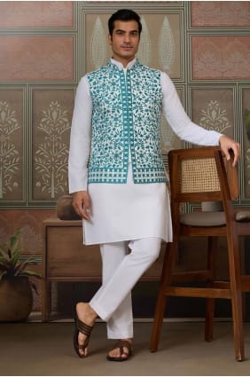 Kurta blanche pour homme en soie avec broderies KURR607