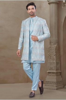Pyjama kurta bleu ciel en soie pour homme avec gilet imprimé KURR516