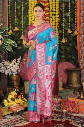 Sari en soie avec broderies zari bleu ciel SR28943