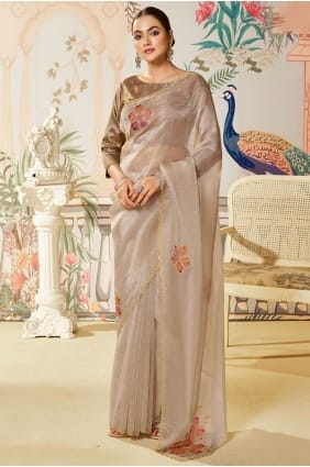 Sari en satin bleu ciel orné de perles et de pierres SR29119