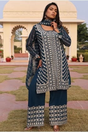 Tailleur pantalon droit en soie brodé en bleu sarcelle SK155189