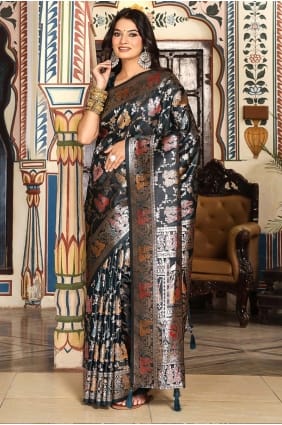 Sari en soie vert turquoise brodé SR29228