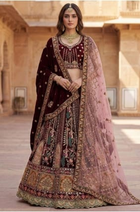 Lehenga Choli en soie filée bordeaux foncé LC8943