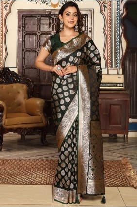 Sari en soie verte tissée SR29203