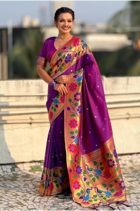 Sari violet en soie tissée SR29515