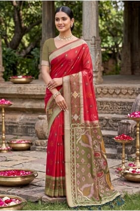 Sari en soie rouge tissé SR29970