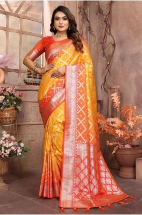 silk weaving yellow sari with blouse SR28254