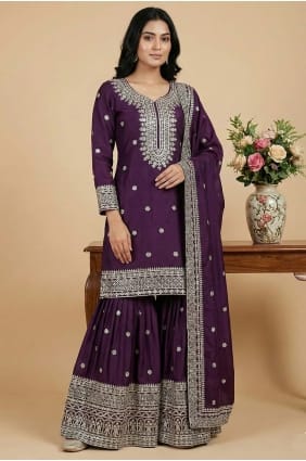 Ensemble palazzo bordeaux en soie à sequins avec dupatta PZ4380