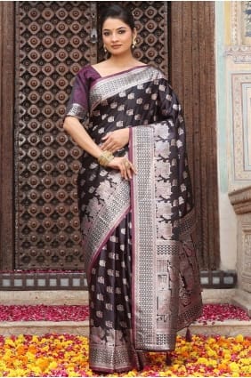 Sari en soie bordeaux brodé SR29222