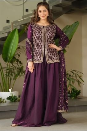 Costume Sharara en soie brodée de vin SS1270