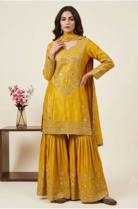 Salwar Kameez en soie brodée jaune SS1382