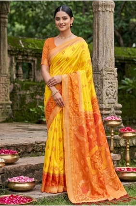 Sari en soie jaune tissé SR29974