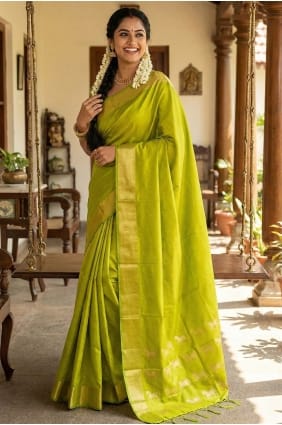 Sari en soie imprimée Zari vert perroquet SR29879