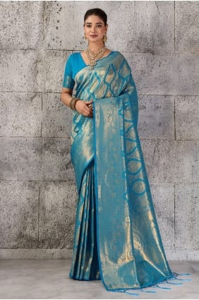 Sari en soie avec broderies zari bleu turquoise SR30100