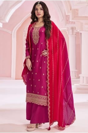 Soie rouge rosé Eid Palazzo Costume avec dupatta PZ4098