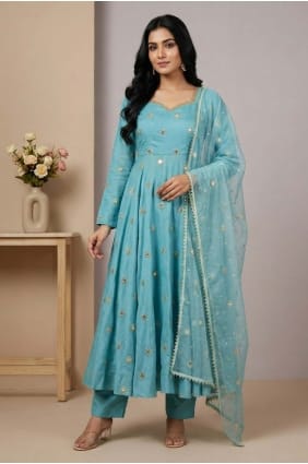 Kurti Anarkali en soie à sequins bleu ciel AS4205