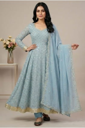 Kurti Anarkali en georgette bleu ciel avec sequins AS4206