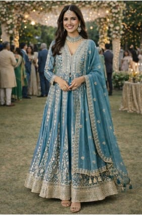 Anarkali en soie brodée bleu ciel AS4270