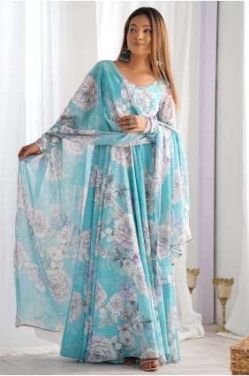 Ensemble Anarkali en dentelle et fausse georgette bleu ciel avec dupatta AS4302