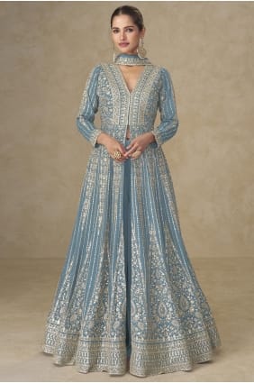 Ensemble Anarkali en mousseline de soie Chinon brodé bleu ciel AS4295