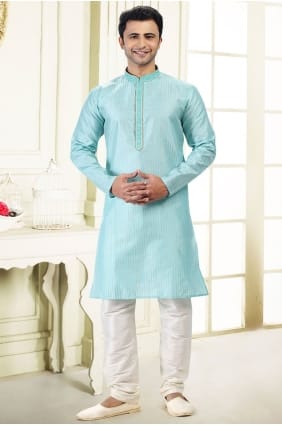 Kurta pour homme bleu ciel jacquard brodé KURR618