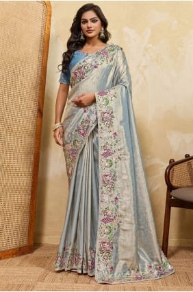 Sari en soie avec dentelle bleu ciel SR29629