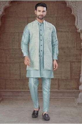 Bleu ciel hommes Kurta avec tissage de soie KURR462