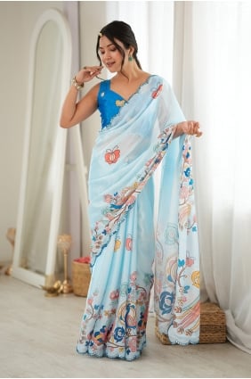 Sari en mousseline de soie Chinon imprimé miroir bleu ciel SR30281