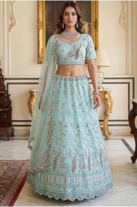 Lehenga Choli de mariage bleu ciel brodé en tulle LC8936