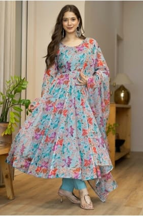 Ensemble Anarkali en organza imprimé bleu ciel AS4224