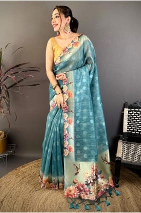Sari en coton bleu ciel imprimé SR30066