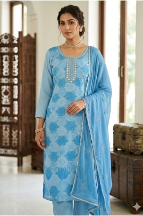 Salwar Kameez en mousseline bleu ciel imprimée SK159113