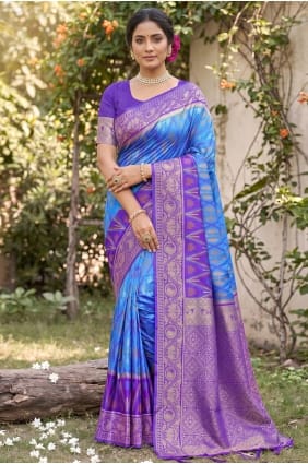 Sari bleu ciel en soie brodée avec chemisier assorti SR29952